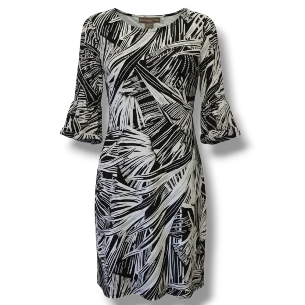 Alexandra+ Oak women's black and white short bell sleeves shift dress - small